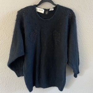 Vintage B.J. Kristen Angora Rabbit Sweater Embellished Beaded Black Size Medium